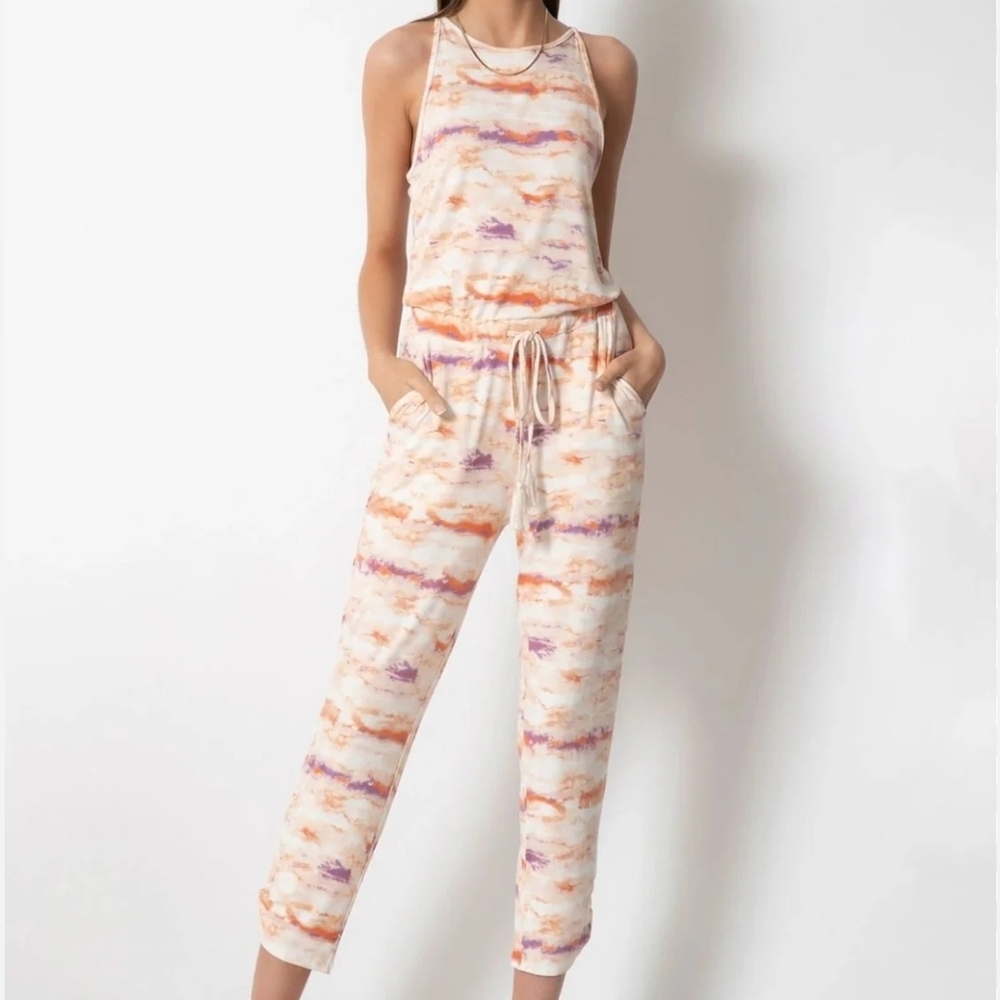 Stylish Tie-Dye Jumpsuit in Cream and Purple